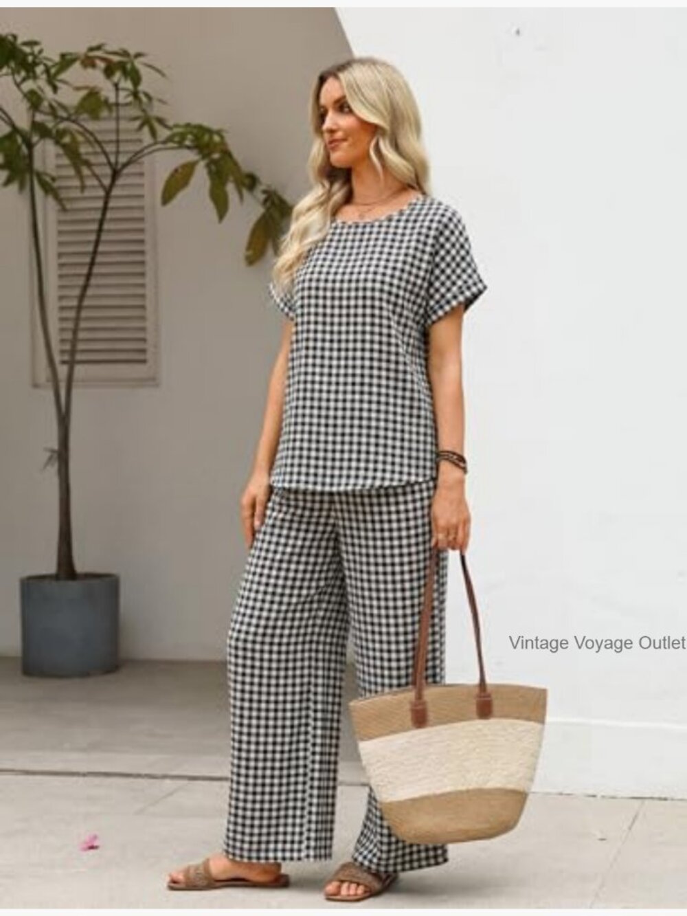 Women's Linen Blend 2 Piece Pant Set Summer Vacation Outfit - Picture 4 of 7